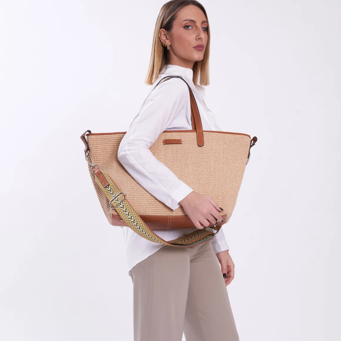Borsa in pelle e rafia Margaret